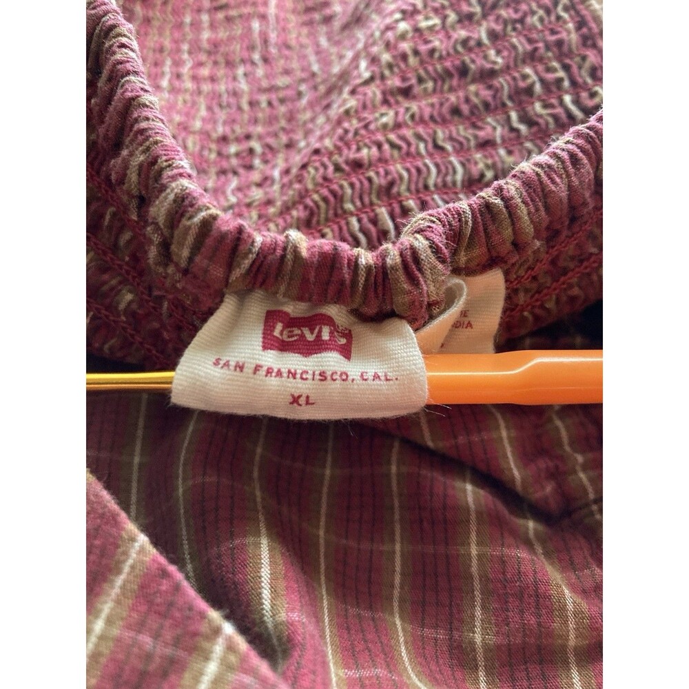 Levis Crop Top Blouse XL Red Cotton Plaid Puff Sleeve Smocked Milkmaid Boho Y2K - Picture 8 of 11